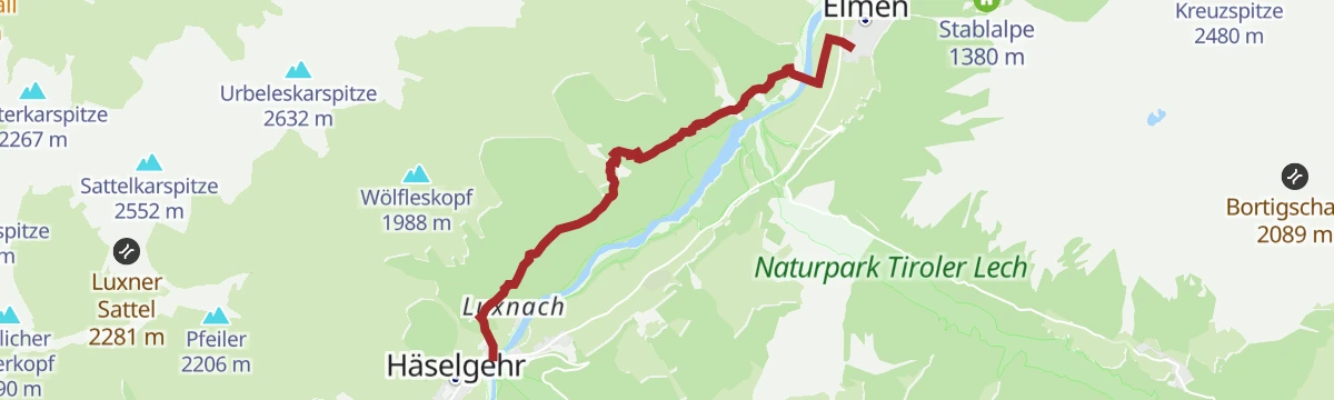 Route map: Lechweg Abschnitt: Häselgehr - Elmen
